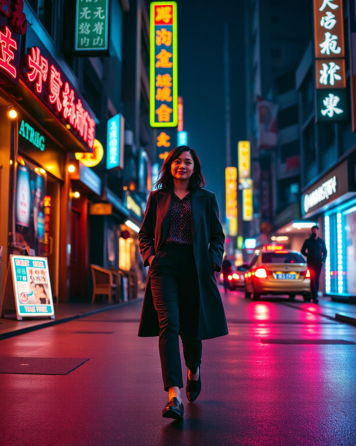 A teacher walking through a neon-lit Shanghai street at night